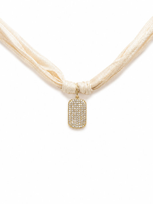 14k Gold Diamond Dog Tag on Silk