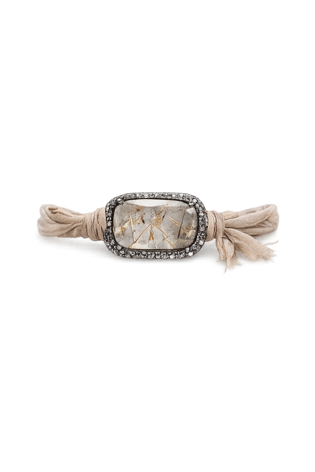 A beige fabric wrap bracelet with a central rectangular silver-toned bezel set with small clear stones and a textured, metallic gold-toned inlay, finished with knotted tassels on both sides.